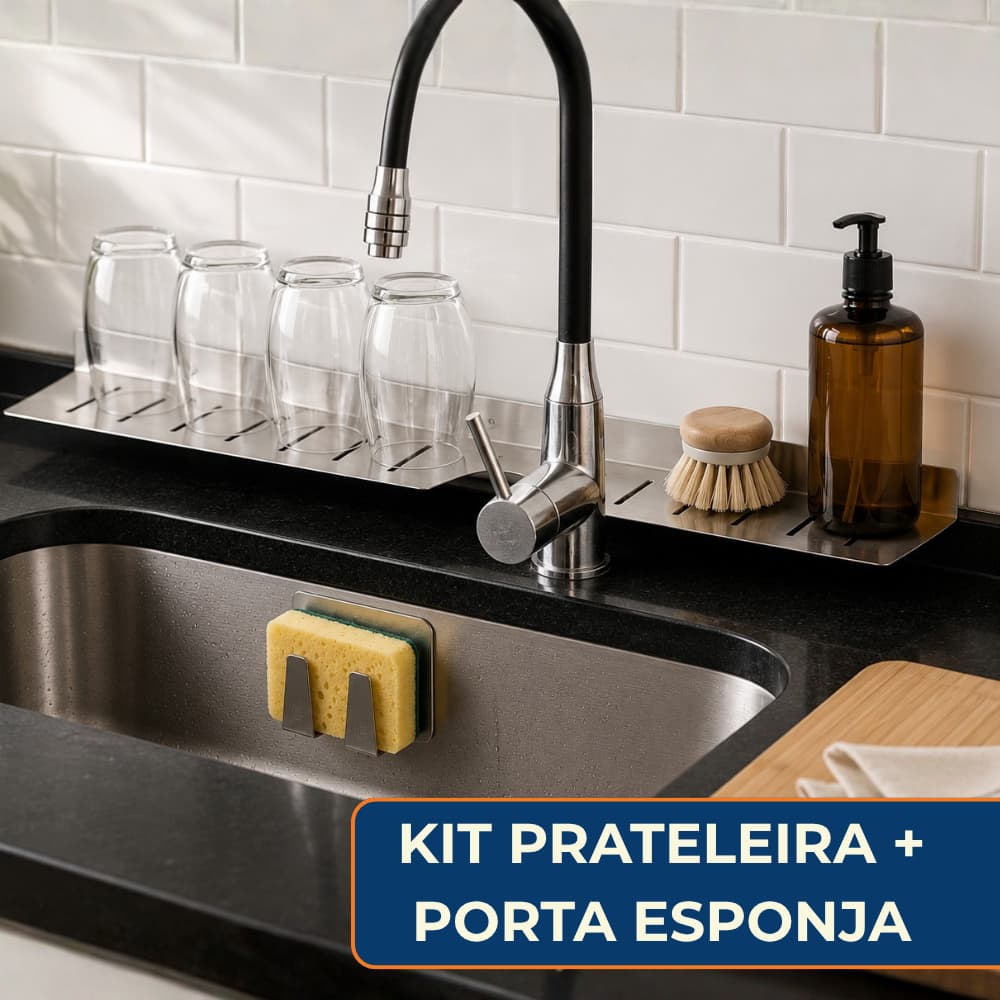 Kit Escorredor de Copos + Porta Esponja Prateleira Pia De Cozinha Suporte Para Bucha Aço Inox 304