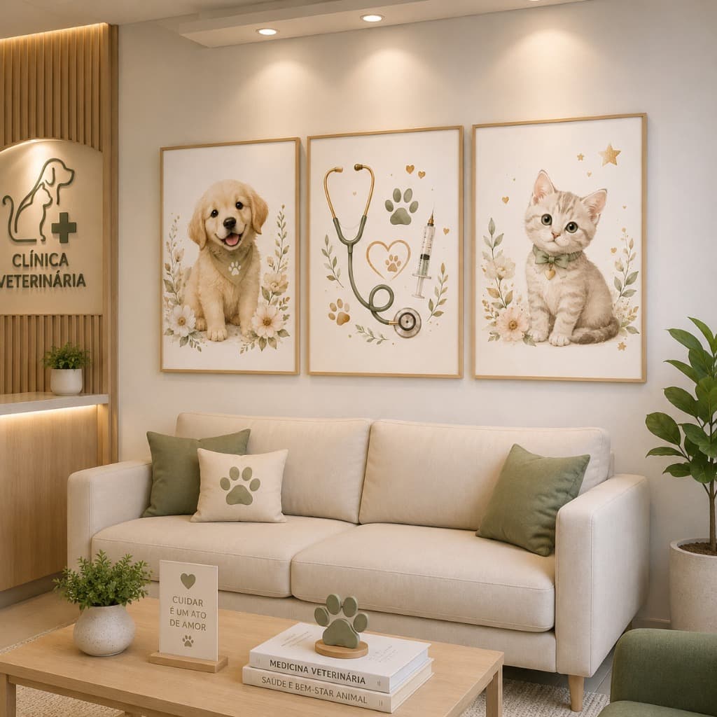 Kit 3 Quadros Veterinária Cachorro e Gatinho Decorativo Pet Shop Moderno Tons Bege e Verde Oliva