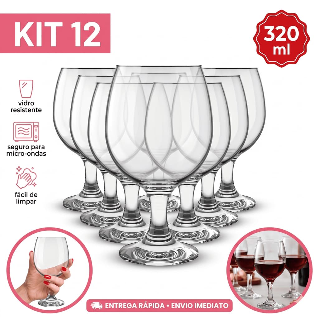 kitJogo  de 12 Taças de Vidro para Vinho Gallant Nadir 320ml Copo Vidro Transparente Taça Gourmet