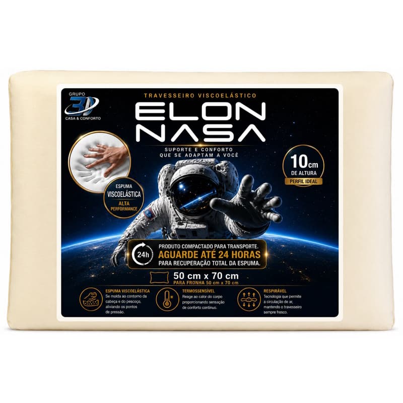 Travesseiro Elon NASA Ortopédico Anatômico 38x58 10cm Alta Densidade