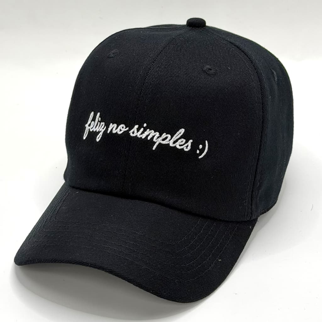 Boné Feliz No Simples Bordado Preto Modelo Dad Hat Premium Unissex Meme Resenha Frase Estilo Premium