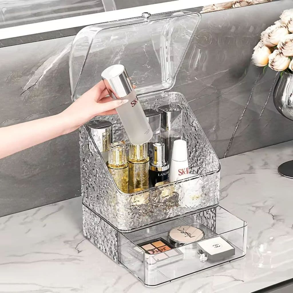 Organizador de Cosméticos Acrílico | Com Gaveta e Tampa | Porta Cosméticos, Maquiagem Elegante Multiuso