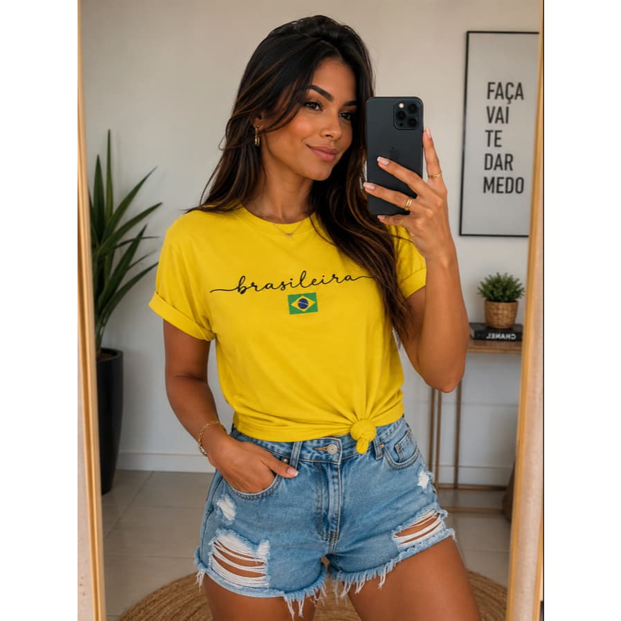 Camiseta Brasileira Copa Brasil 100% Algodão Estampa Minimalista Casual