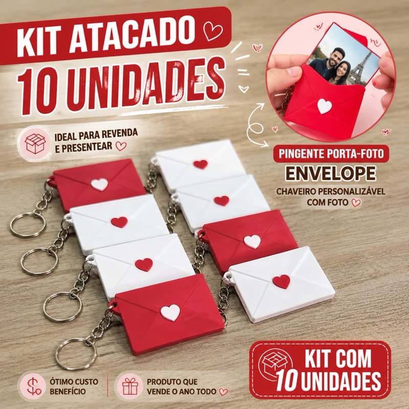 MINI ATACADO 6 OU 10 UNIDADES | CHAVEIRO ENVELOPE PARA FOTO – PRONTA ENTREGA - CHAVEIRO PERSONALIZÁVEL DIA DOS NAMORADOS