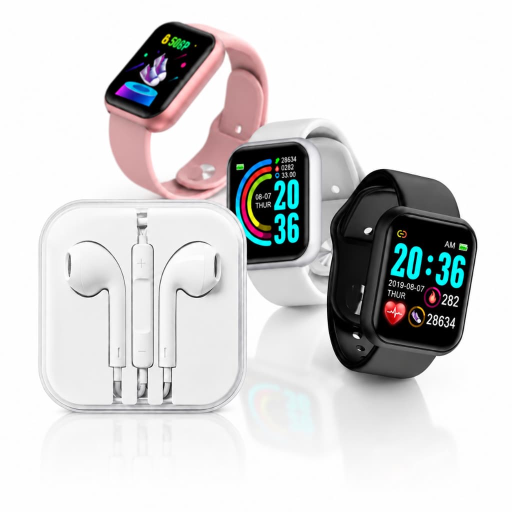 Kit Relógio Inteligente SmartWatch D20 + Fone de Ouvido Portátil Com Fio Para Todos os Celulares