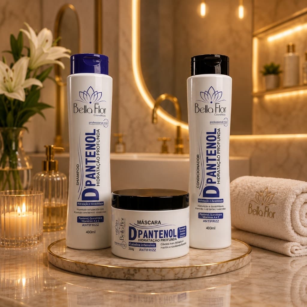 Kit Capilar D-Pantenol 3 Produtos Shampoo Condicionador Máscara Bella Flor Hidratação Reparação Profissional