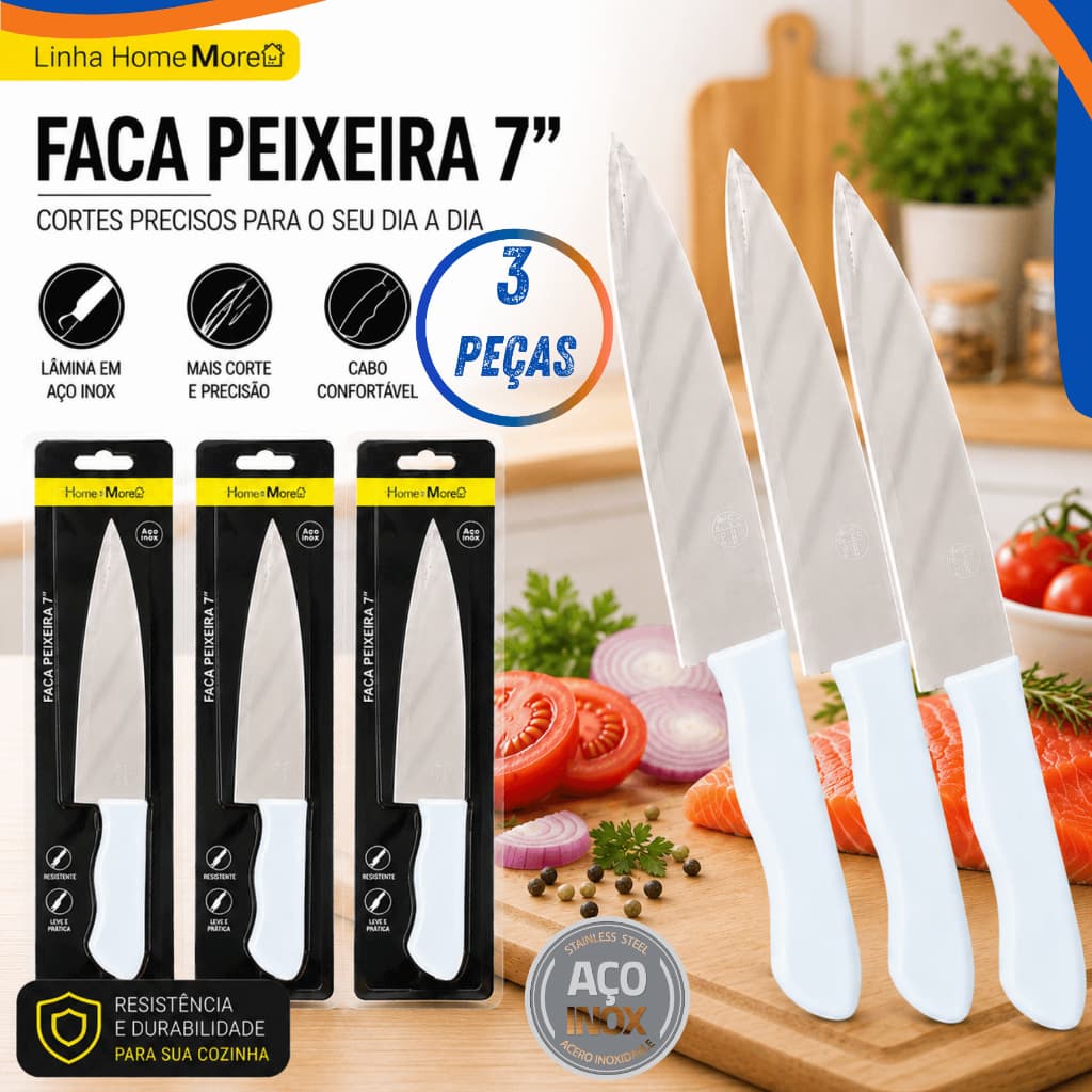 Kit 3 Facas Peixeira 7" Aço Inox Cozinha Churrasco Açougue Restaurantes Cozinha Profissional Premium