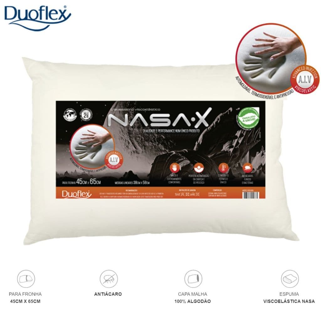 Travesseiro Nasa Baixo 10 cm Duoflex Espuma Viscoelástico 45x65 Confortável Antiácaro