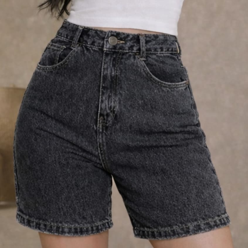 Bermuda Jeans Feminina Cintura Alta Preta Marmorizada Cinza Moda Verão-Estilo e Conforto