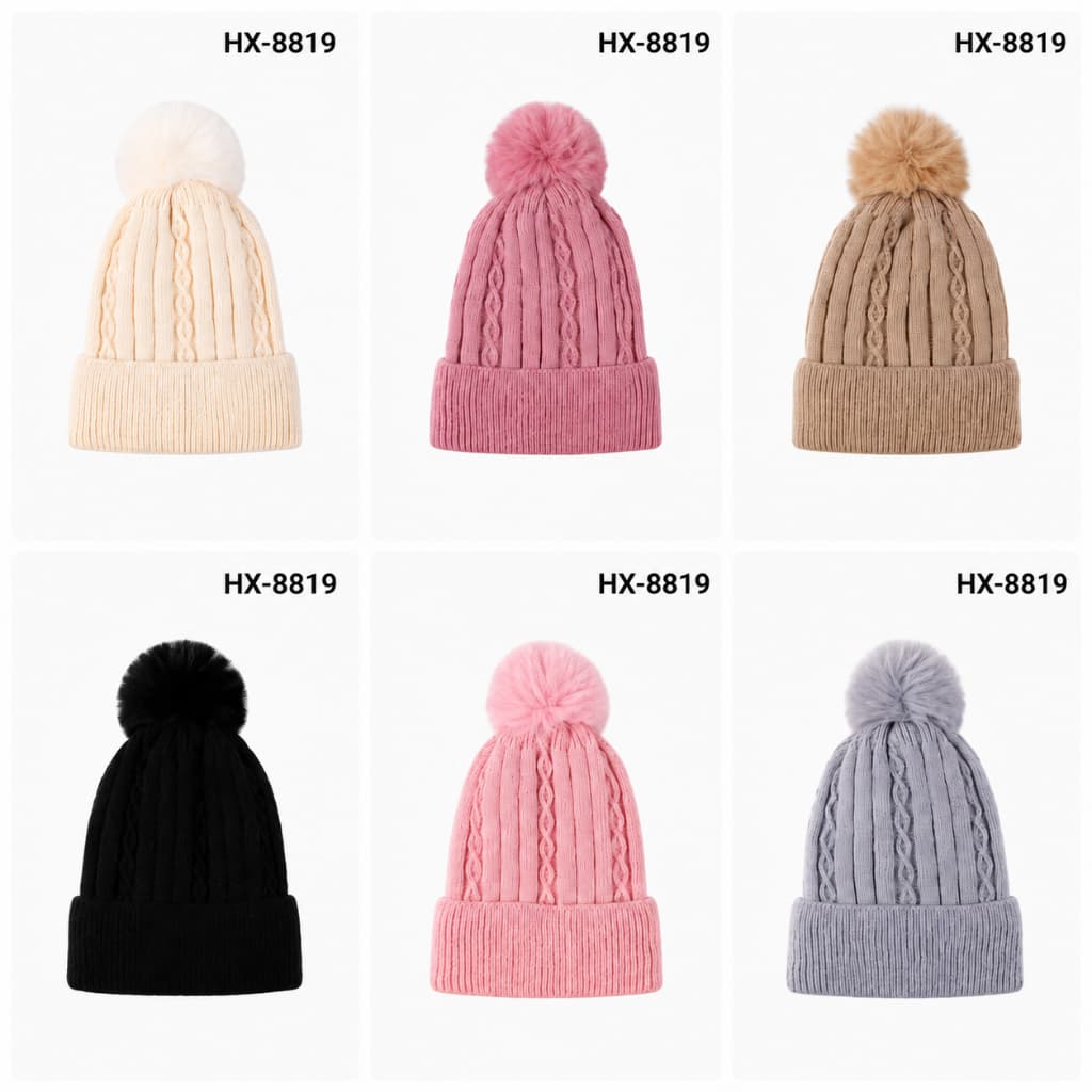 Touca Feminina de Inverno com Pompom, Gorro de Lã Tricô Quente, Macio e Fashion para Frio Casual