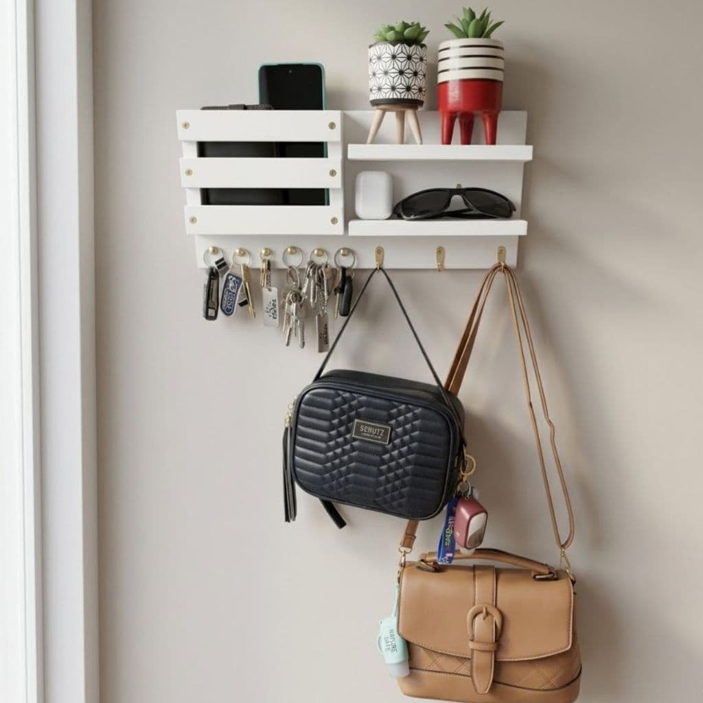 Porta Chaves E Bolsas De Parede Em MDF Com Ganchos E Reparticoes Para Controle Remoto