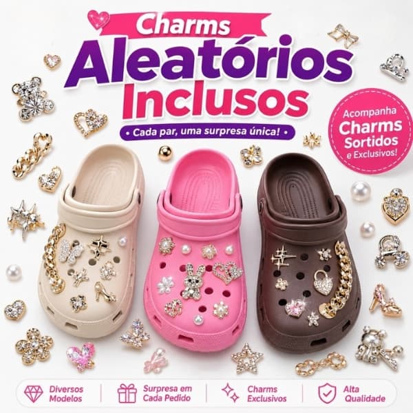 Sandália Feminina EVA com Charms Luxo Leve Confortável Casual Antiderrapante Várias Cores
