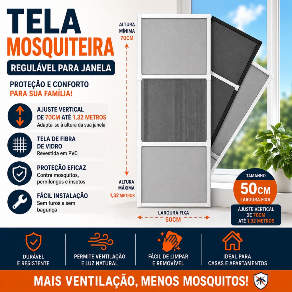 Tela Mosquiteira Regulável Para Janela Até 1,32m Sem Furar Fibra De Vidro