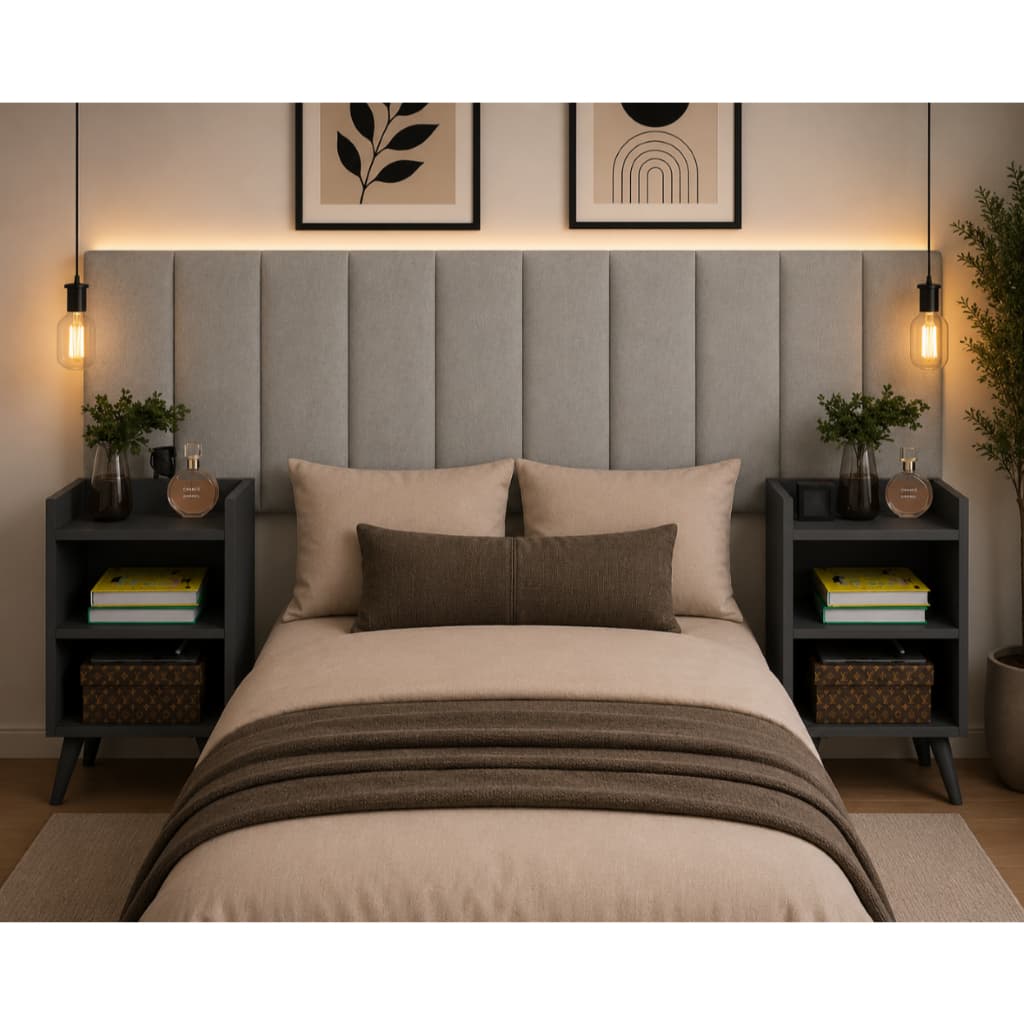 Conjunto Quarto Casal Cabeceira Modular + Mesas Max Preto Cinamomo Branco Off