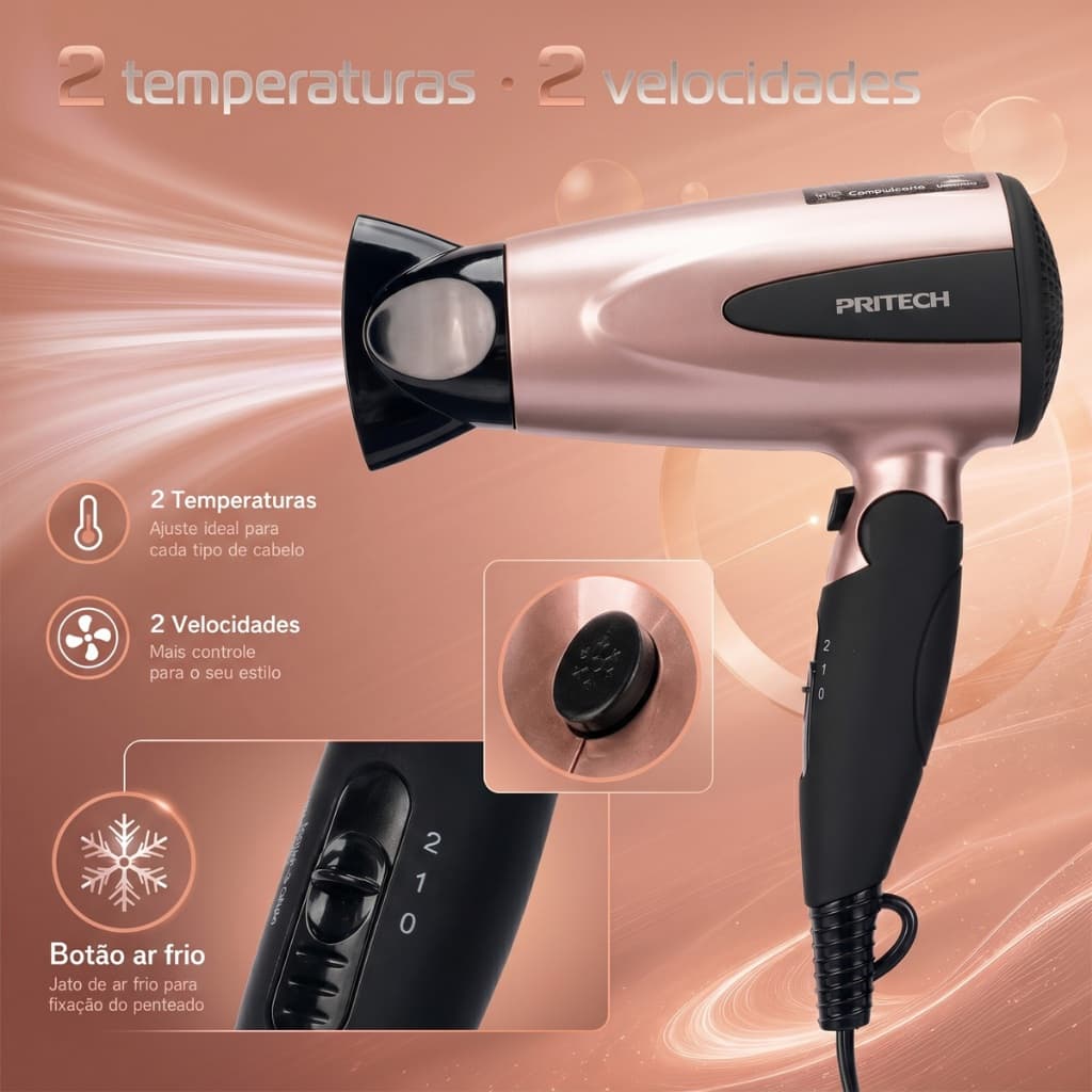 1200W 127V Secador De Cabelo Compacto PRITECH Dobrável Travel Rose Viagem