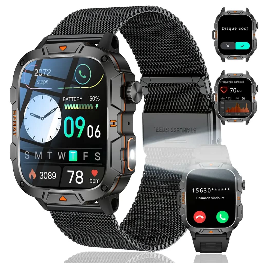 Novo relógio inteligente masculino com tela HD de 1,96 "com lanterna LED UV 420mAh bateria grande smartwatch masculino