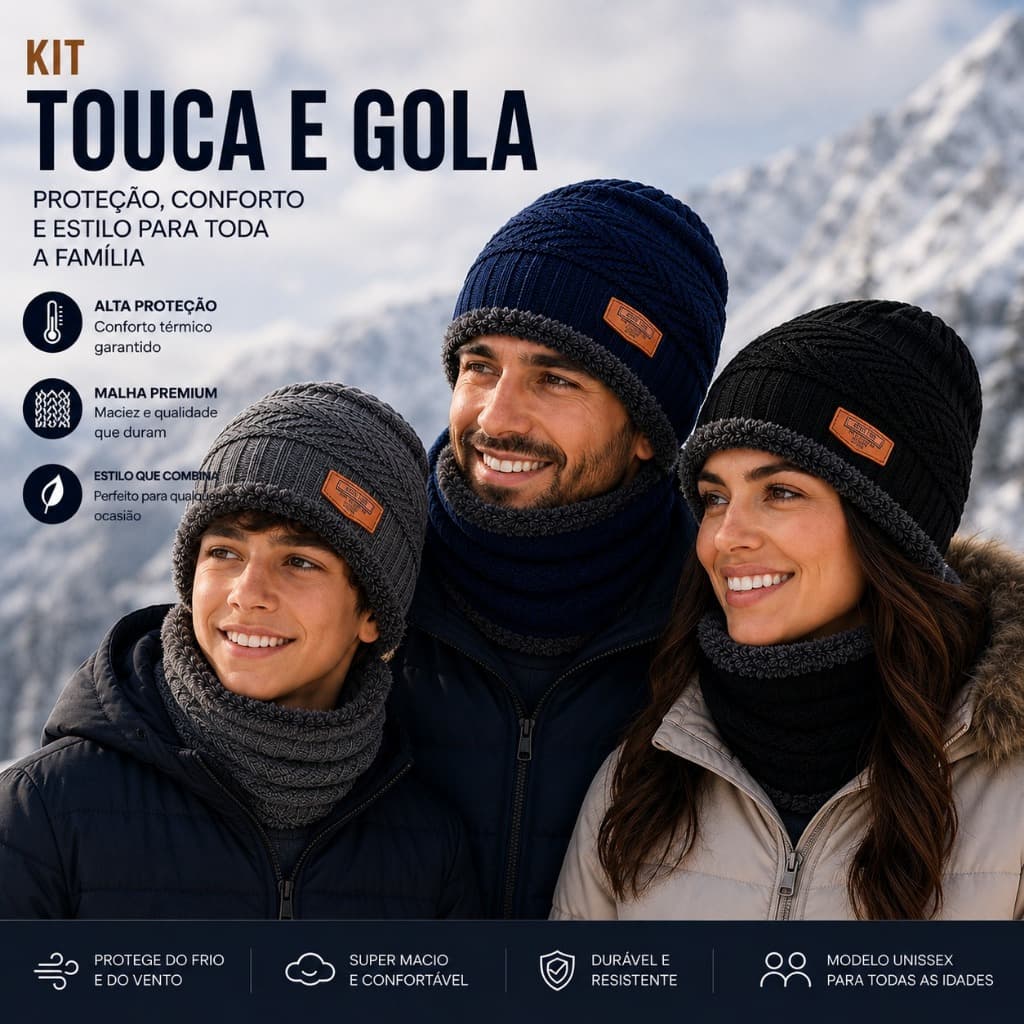 Touca de Lã + Gola Peluda Flanelada Forrada Adulto e Juvenil Gorro Frio Inverno Feminino Masculino