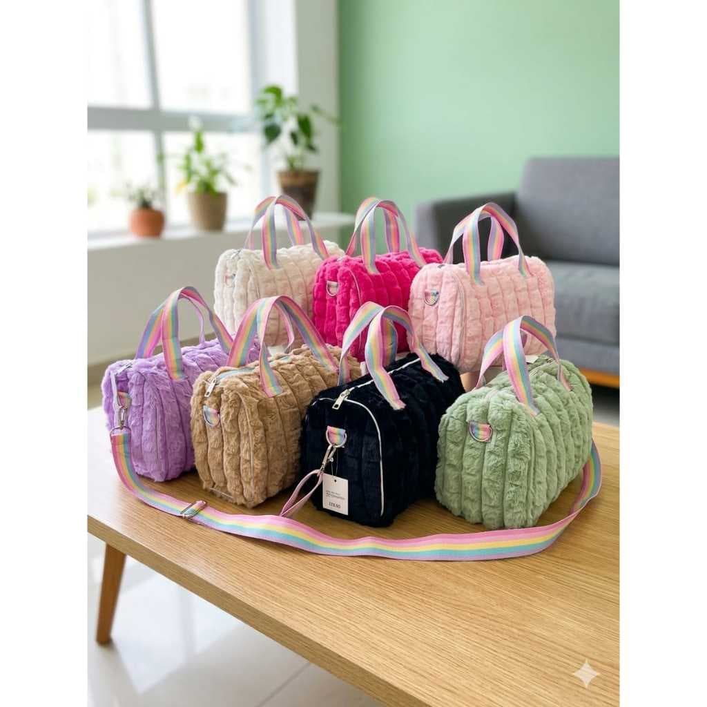 Bolsa Bag Pelúcia Fofinha Alça de Ombro Grande Zíper Inverno Candy Grande