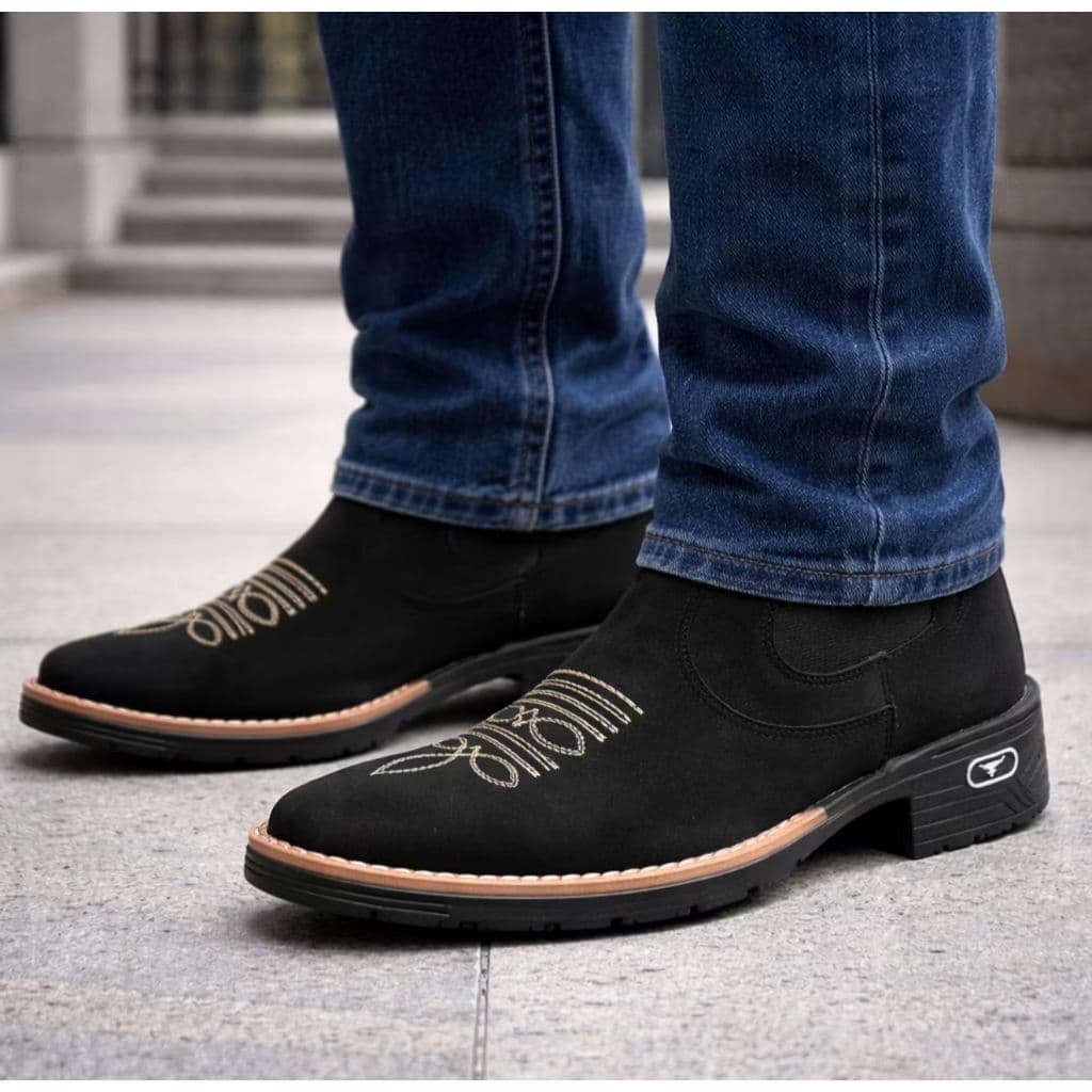 Botina Texana Masculina Bota Bordada Country Cow Boy Confortável Em Couro Costurado Reforçado Com Elastico Macio