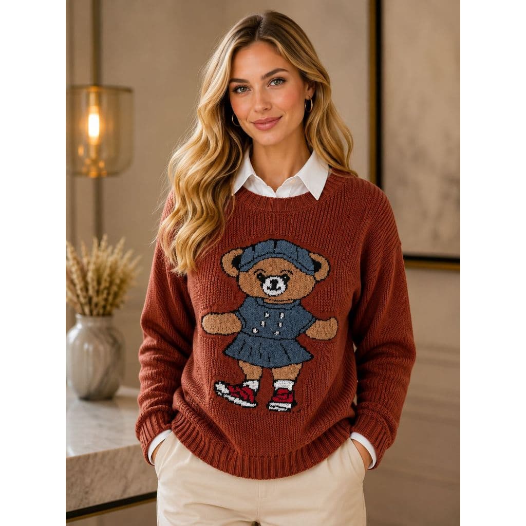 Blusa de Tricô Ursinho Feminina Inverno Outono Quentinha Confortável Estilo Casual Moda 2026