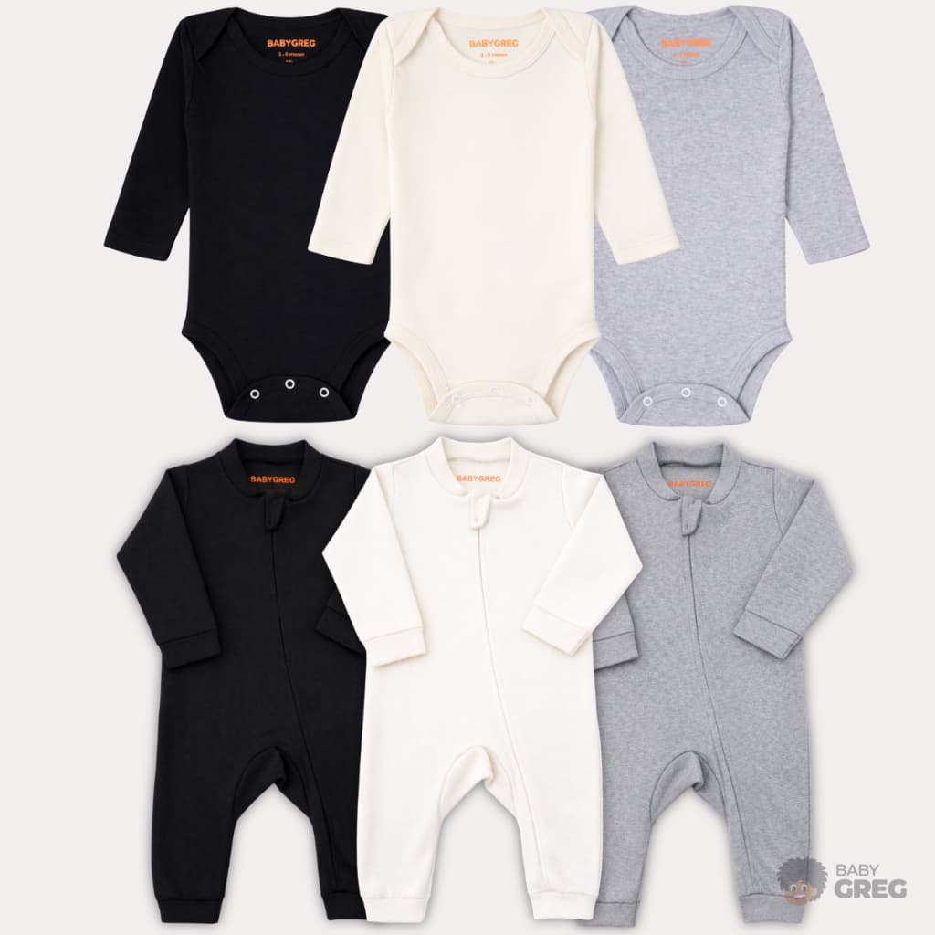 Kit 6 Peças Minimalista Macacão e Body Manga Longa Liso Para Bebê - Baby Greg