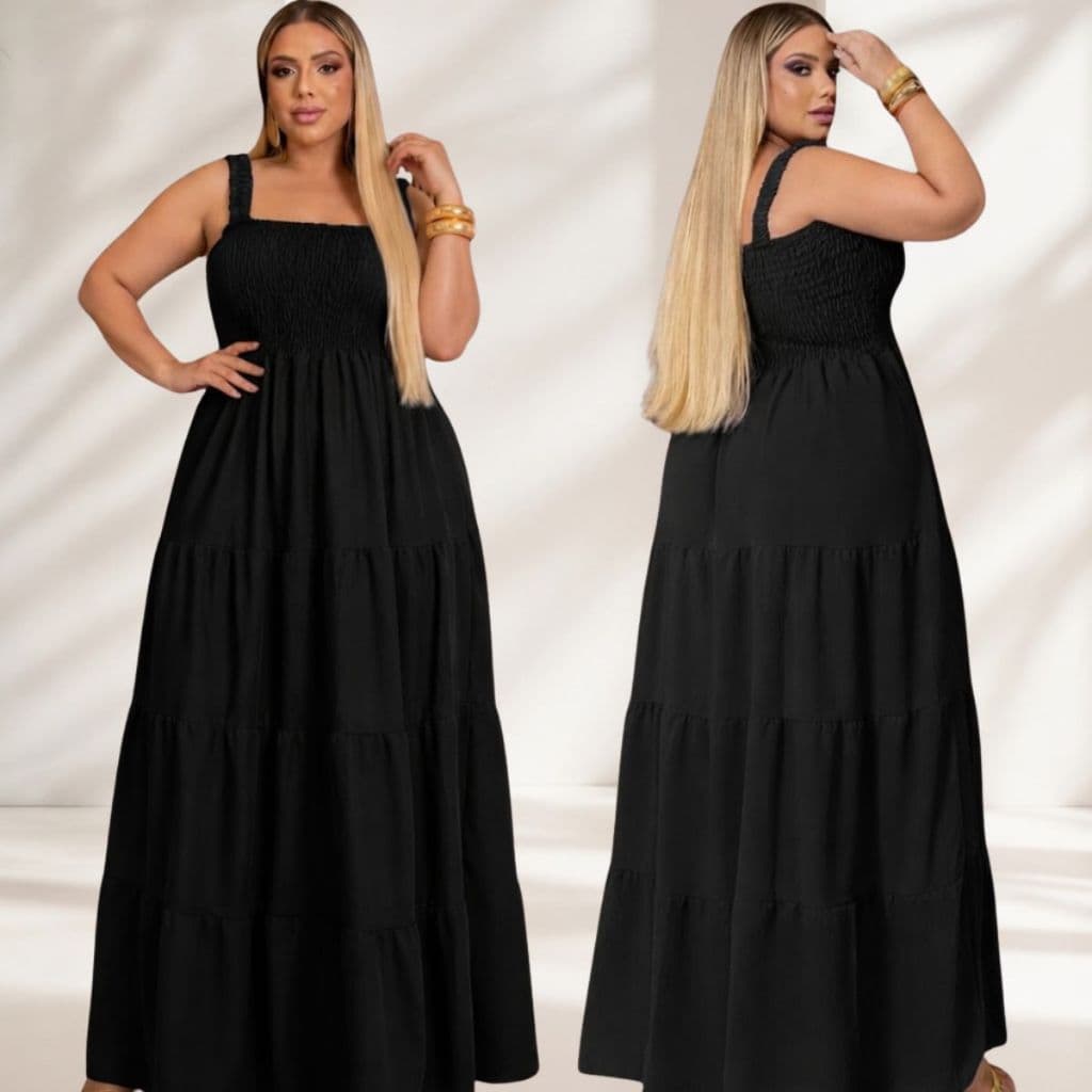 Vestido Longo Plus Size  Elegante com Alça Franzida Confortável Casual Lastex e Saia em Camadas Soltinho