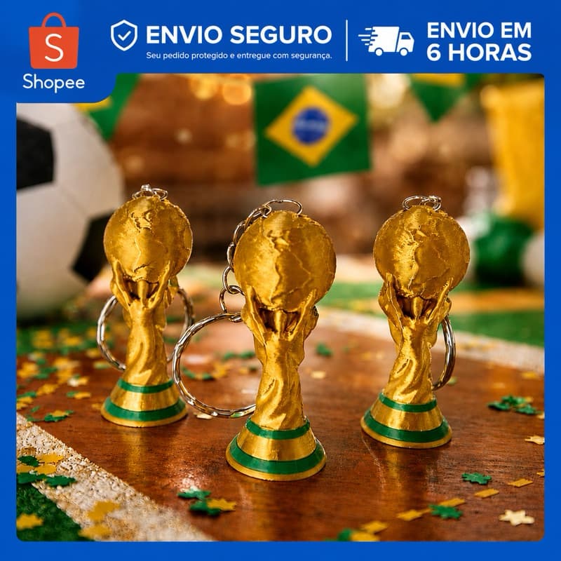 kit Chaveiro Taça Copa do Mundo Dourado 5cm | Mini Troféu Decorativo Colecionável