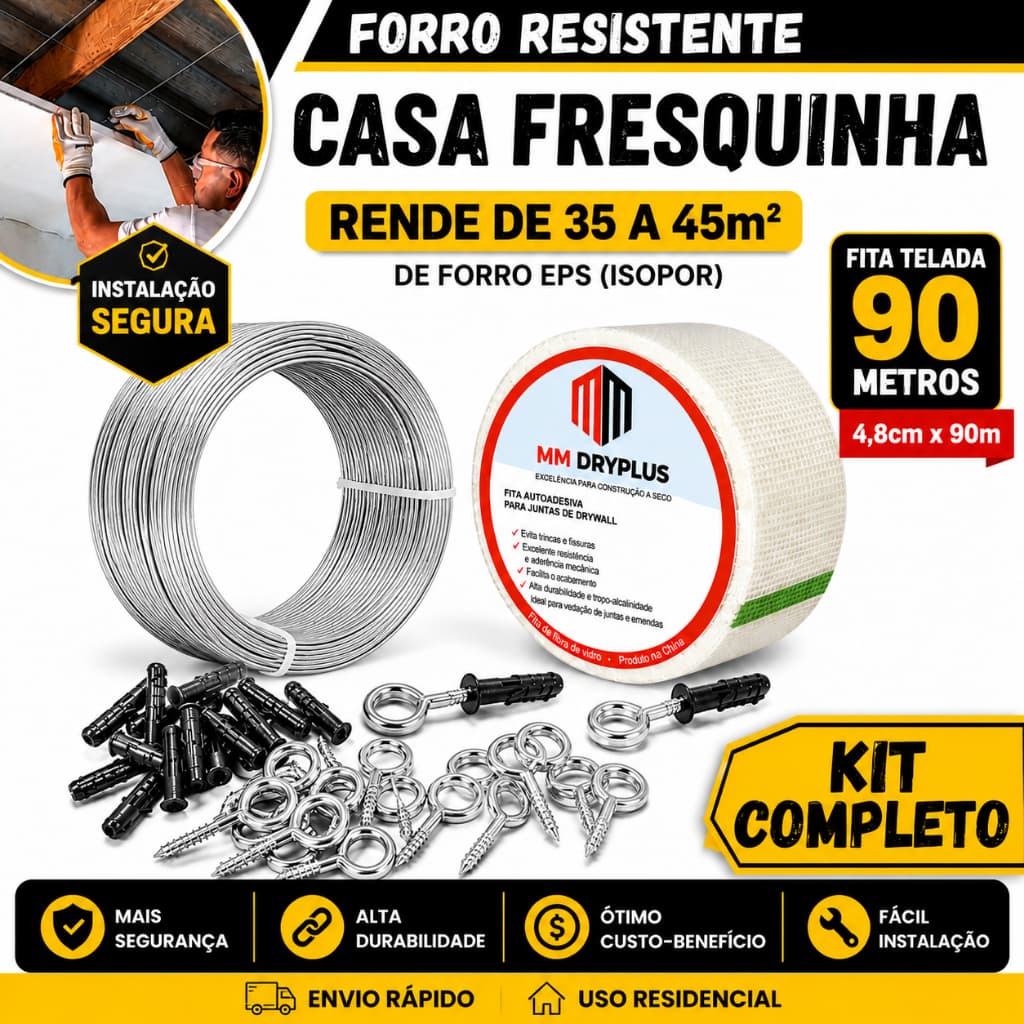 Kit Forro Isopor e Drywall 45m² -Fita Telada Adesiva 90m +Arame Galvanizado 18+50 Buchas com Pitão