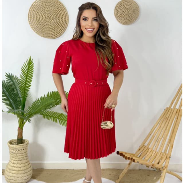 Vestido Midi Plissado Feminino Alfaiataria com Pérolas Manga Curta Cintura Marcada acompanha cinto