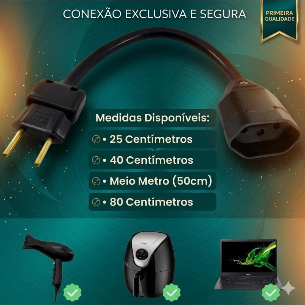 Cabo Cordão Prolongador Mini 25cm 10a/20a 2p/2p+t Extensão Elétrica Preto Reforçada Plug Reto