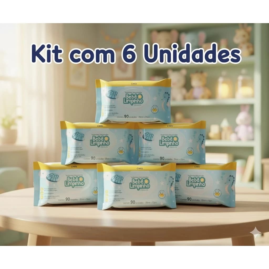 Kit 2/3/6 Pacotes Lenços Toalha Umedecidas Bebê Limpinho Premium Cimed 90 Unid