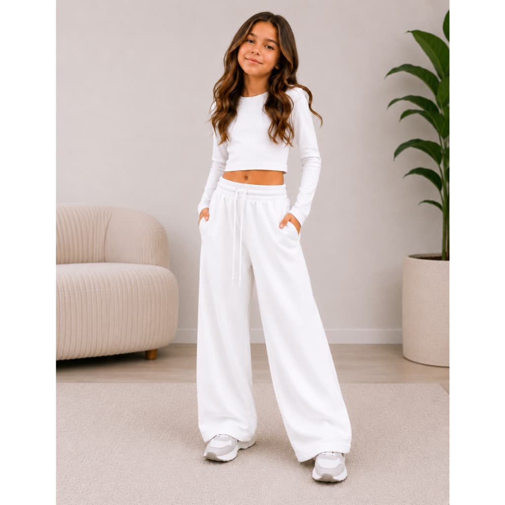 Calça Moletom Infantil Feminina Wide Leg Flanelada Algodão Casual Moderna Confortável Envio Imediato