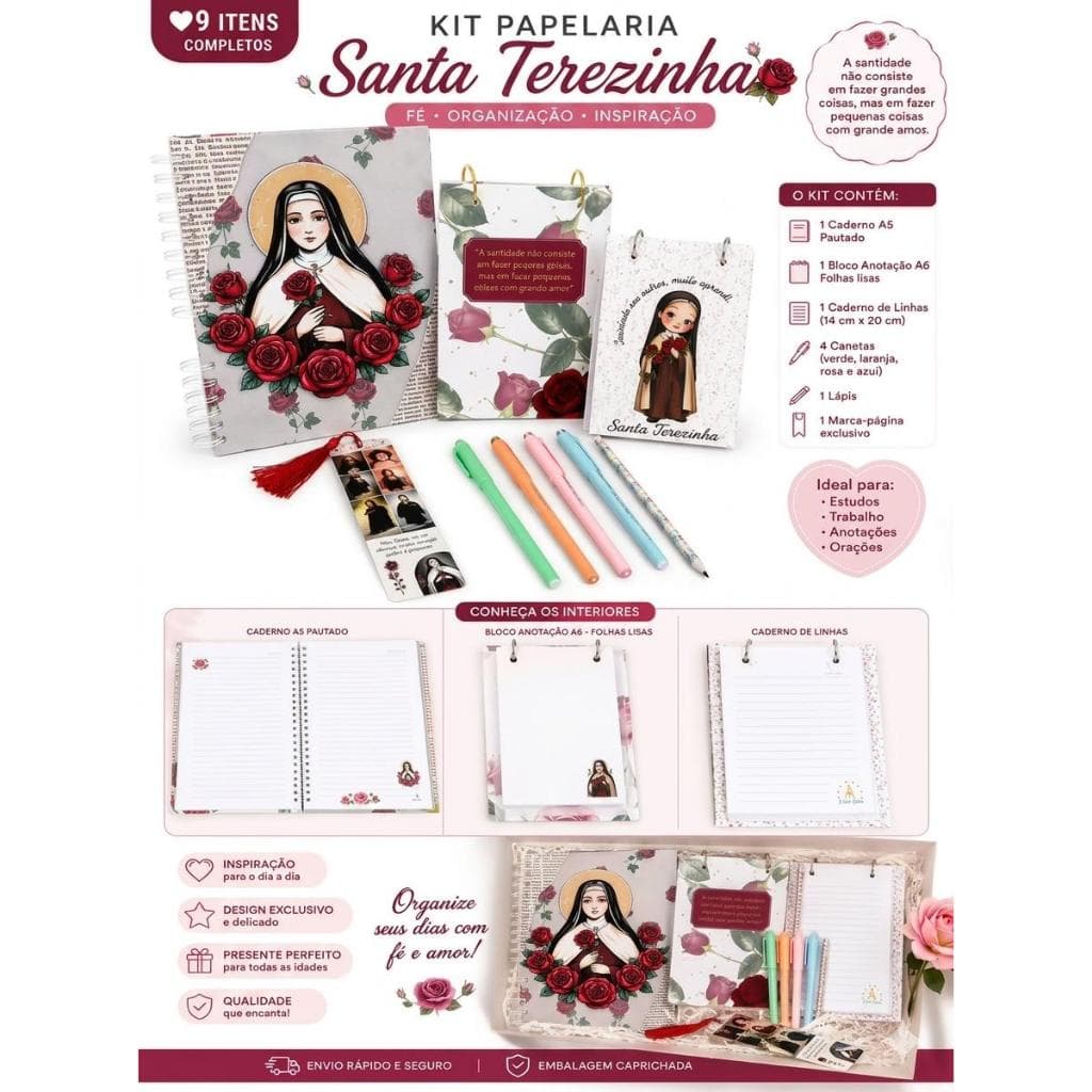 Kit Papelaria Católica Santa Terezinha Completo 9 Itens Feminino Presente Religioso