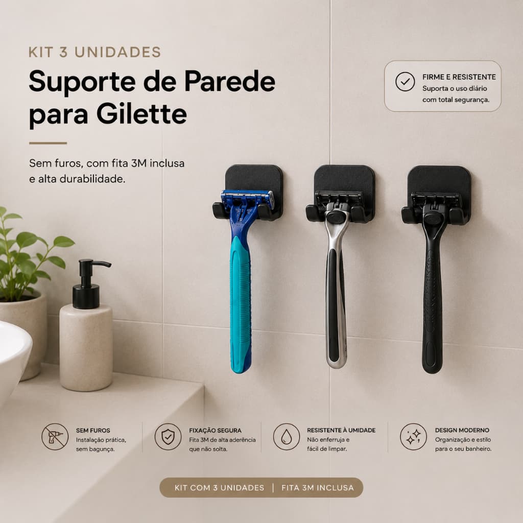 KIT 3 Suporte Gilete Prestobarba Barbeador Parede Fita 3M Sem Furo Organizador Banheiro