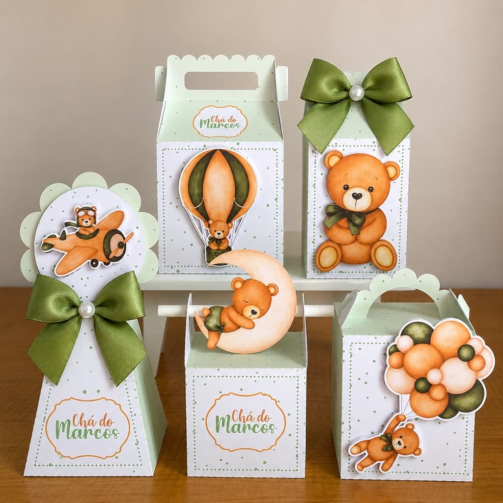 PEGUE E MONTE - Kit Festa Personalizado  chá de bebê ursinho verde/ Lembrancinhas/ Caixinhas para festa