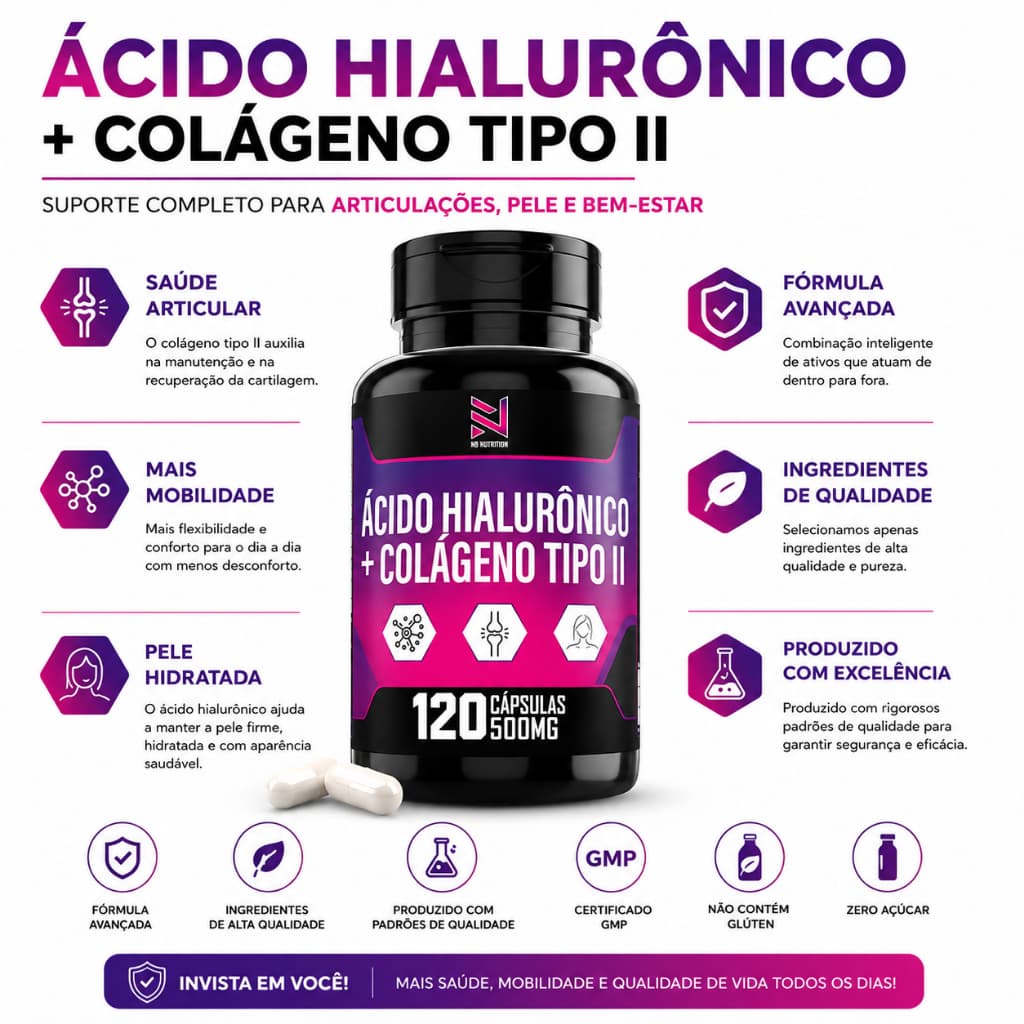 Colágeno Tipo II Não Desnaturado 120 Cápsulas 500mg Saúde Articular, Mobilidade e Alívio de Dor