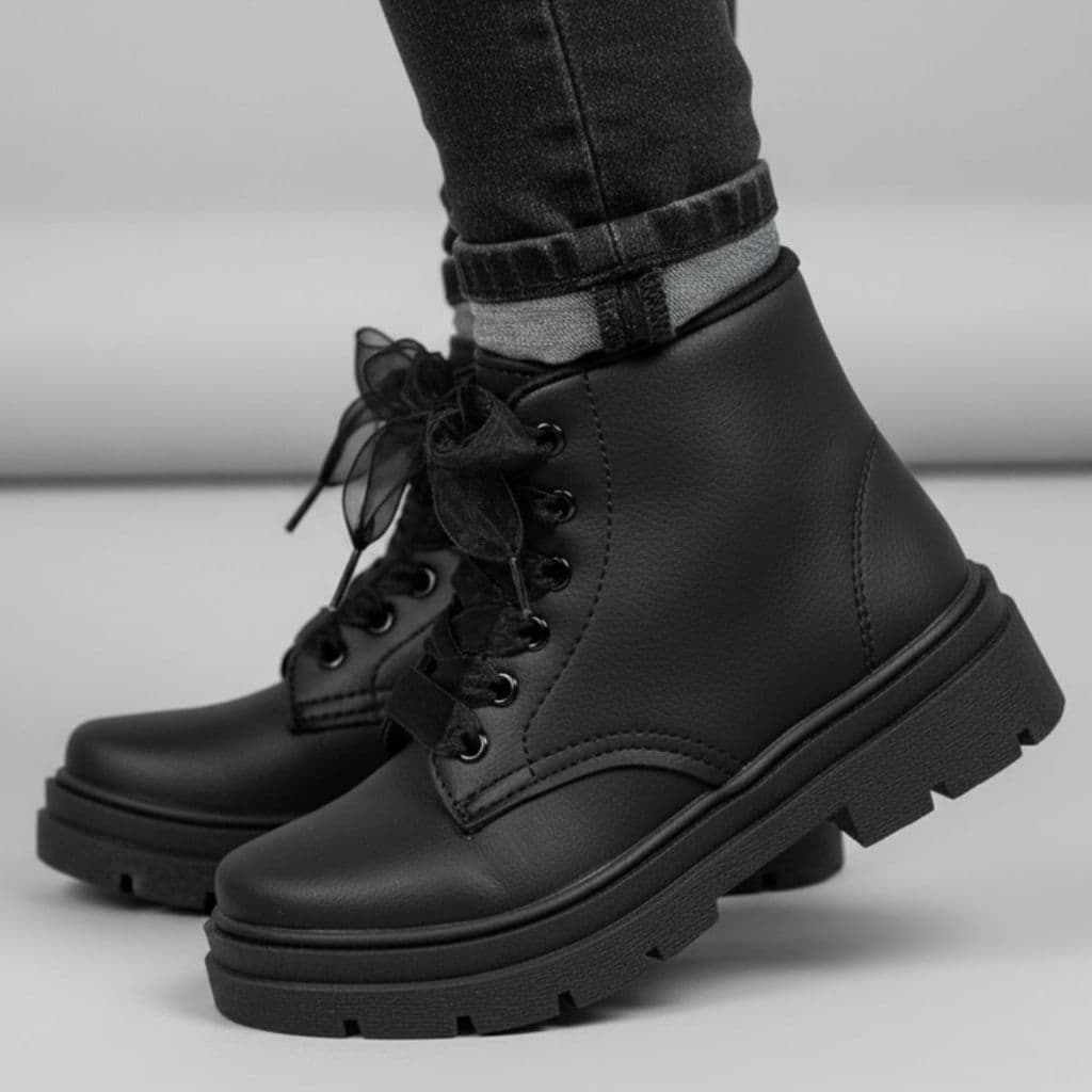 Coturno Infantil Preto Tratorado Bota Menina Cadarço Voal Delicado Confortável Macio