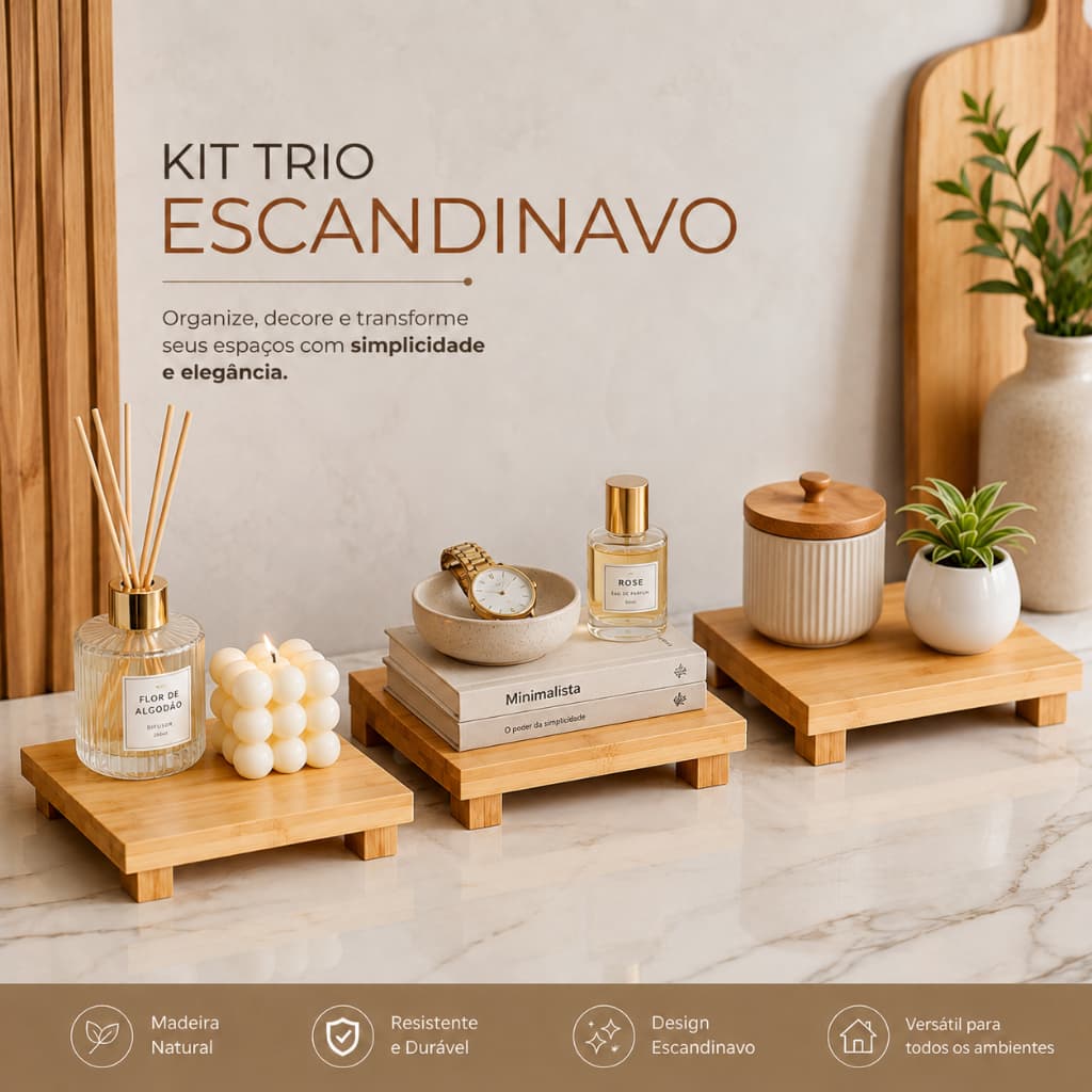 Kit Trio Bandejas Elevadas em Madeira Natural para Mesa Gourmet
