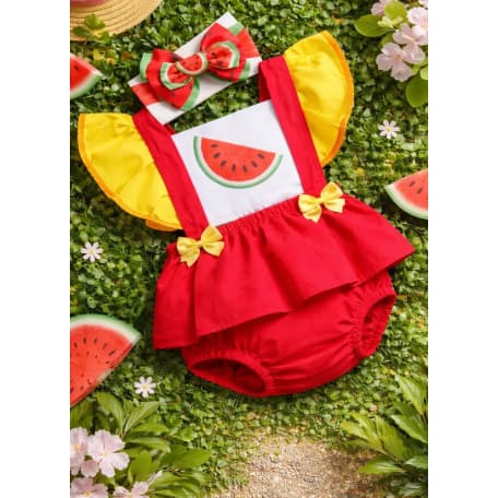 Vestido Infantil Melancia Temático Mesversário Melancia Frutas Frutinhas Romper Banana Morango Uva Body Vestidinho