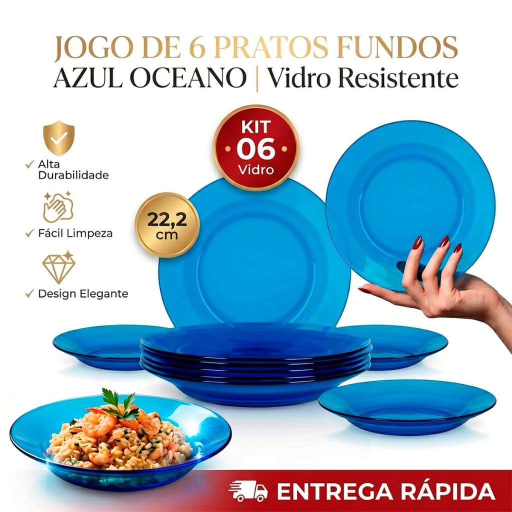 Jogo de 6 Pratos fundos Azul oceano de Vidro Resistente semelhante duralex