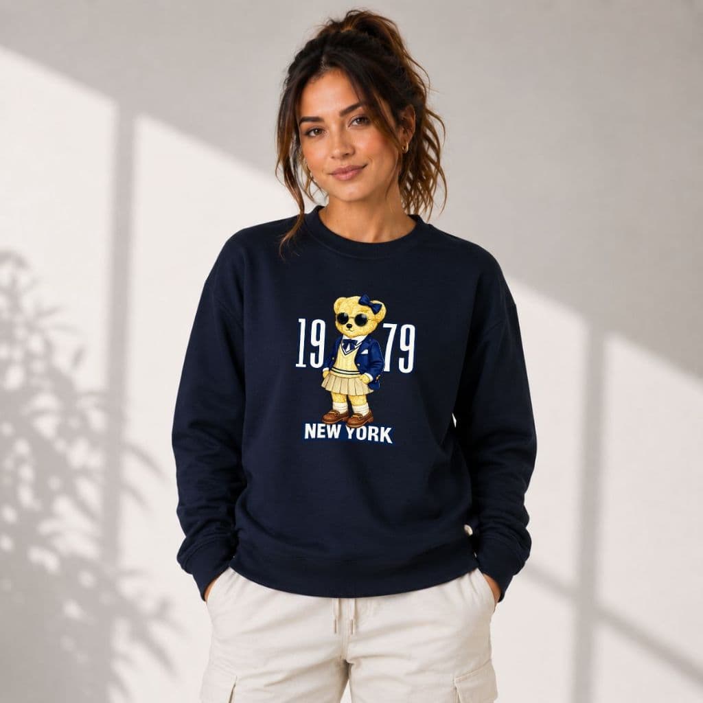 Blusa de Frio Urso New York Moletom Gola Careca Sem Capuz Moda Blogueira