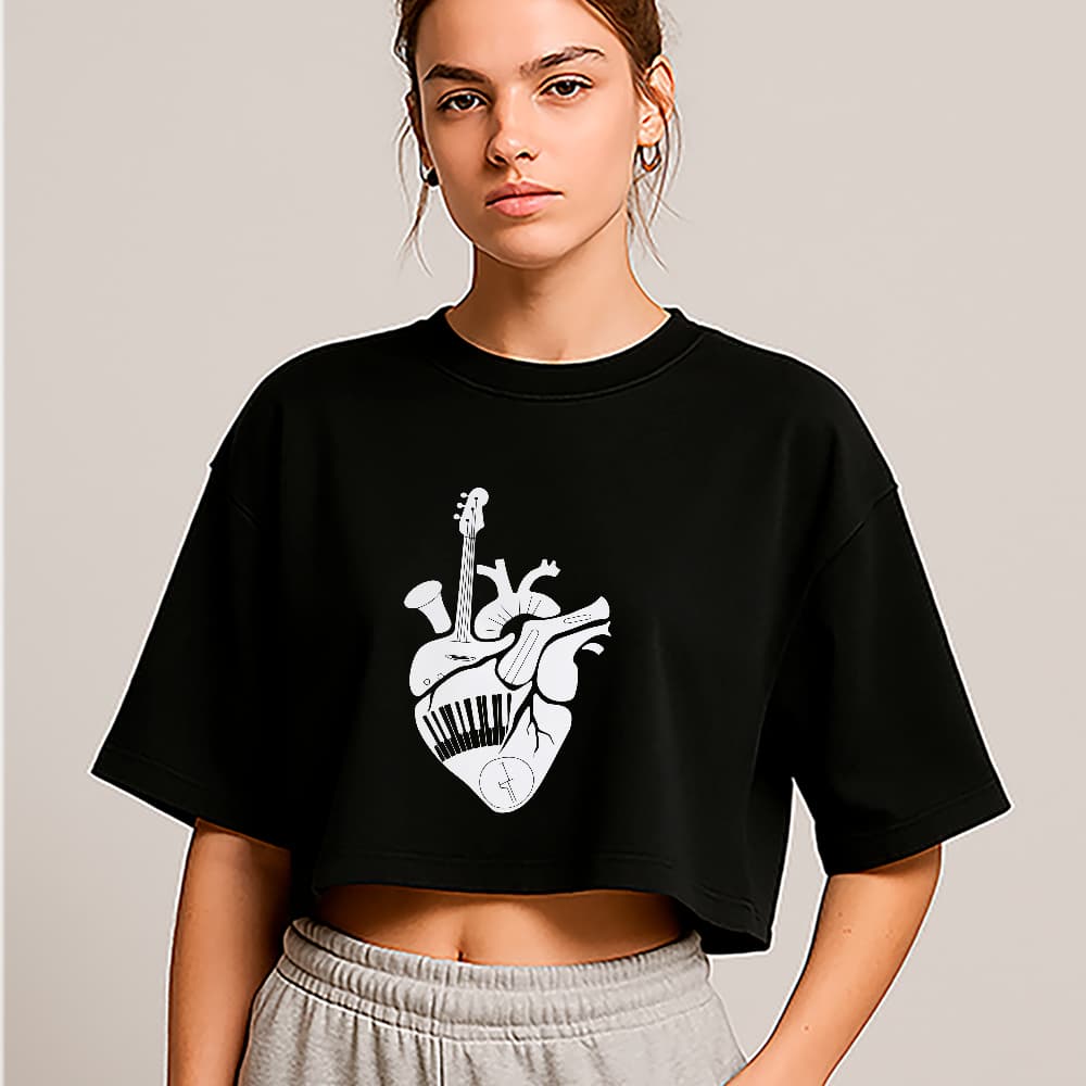 Cropped Oversized Heart Music Piano Guitar Aesthetic Feminino