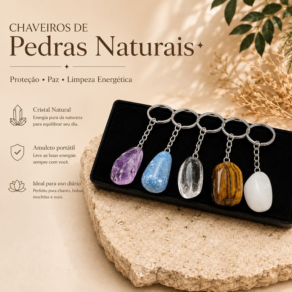 Chaveiro Pedra Natural Amuleto Cristal Quartzo  Energético Proteção Sorte Paz e Prosperidade