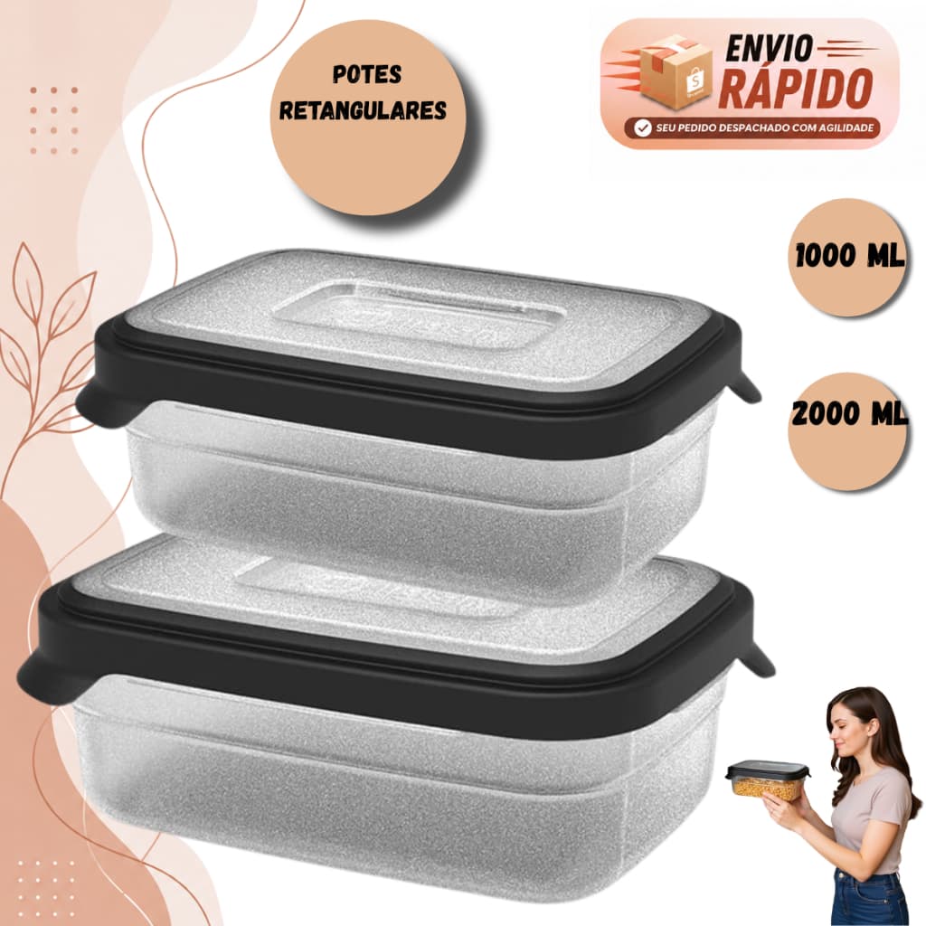 Kit Pote Mantimentos Hermético Premium 1000ml/2000ml  Tampa com Anel de Vedação
