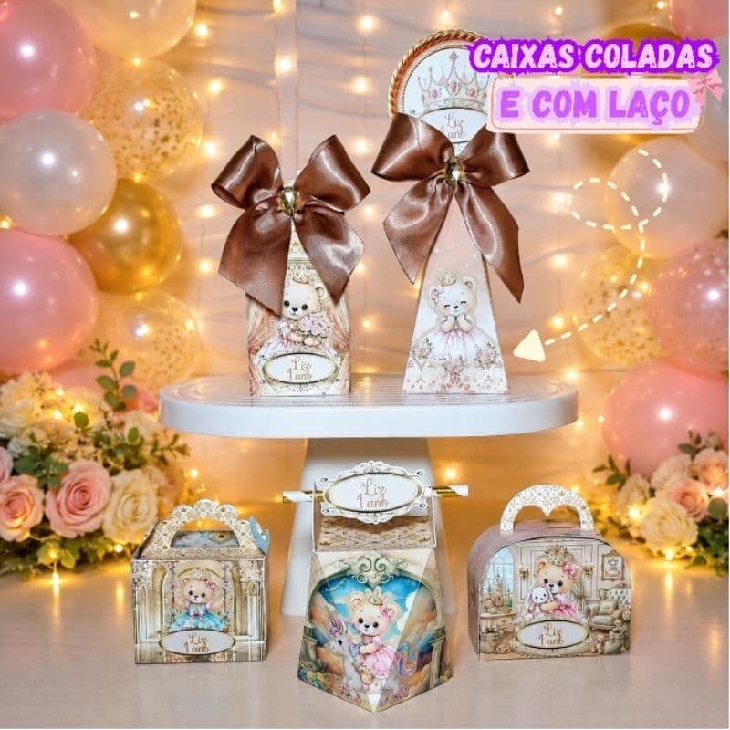 Kit Festa Ursinha Princesa Luxo Personalizado | Caixa Milk Pirâmide Maletinha | Festa Menina