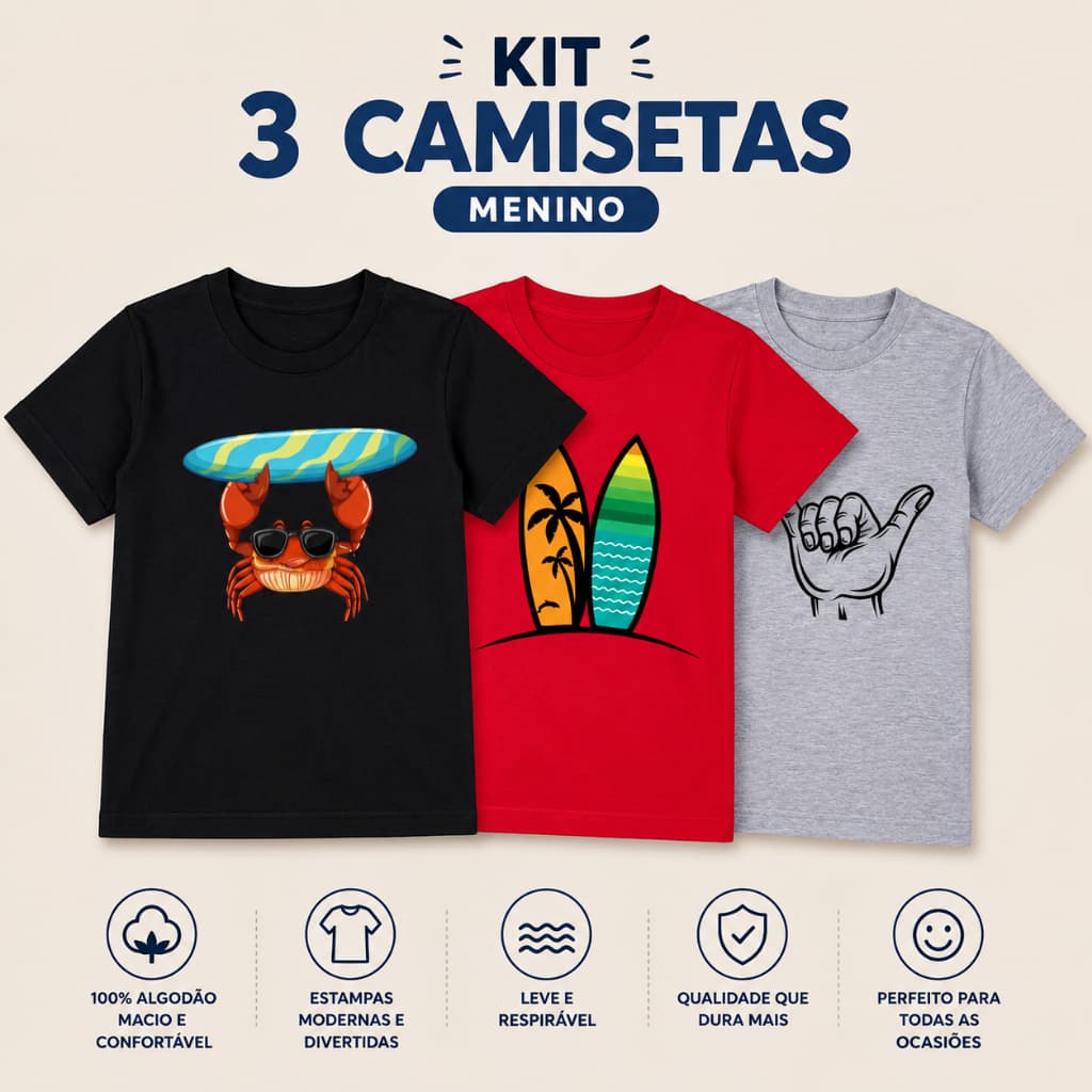 Kit 03 Camisetas Meia Malha Infantil Estampadas Meninos 4 ao 8