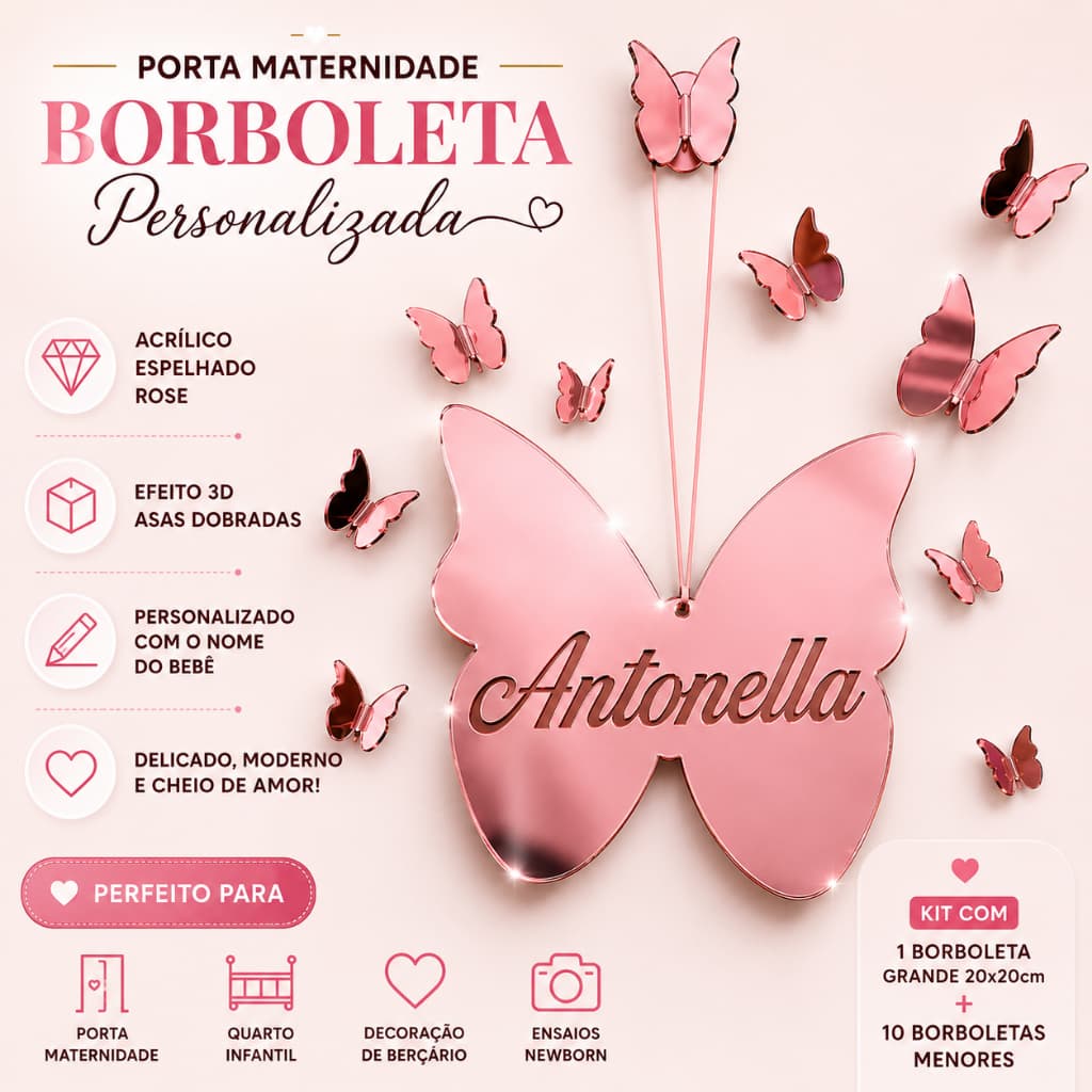 Kit Borboletas Decoração Porta Maternidade Acrílico Espelhado Quarto Infantil Com Nome Personalizado