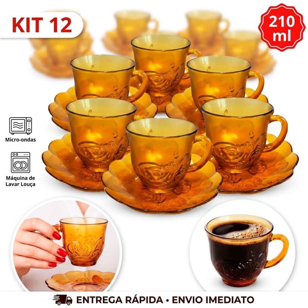 Jogo 12 Peças De 6 Xícaras e 6 Pires de Cha e Cafe Ambar florado Unidades 210ml Desing Moderno