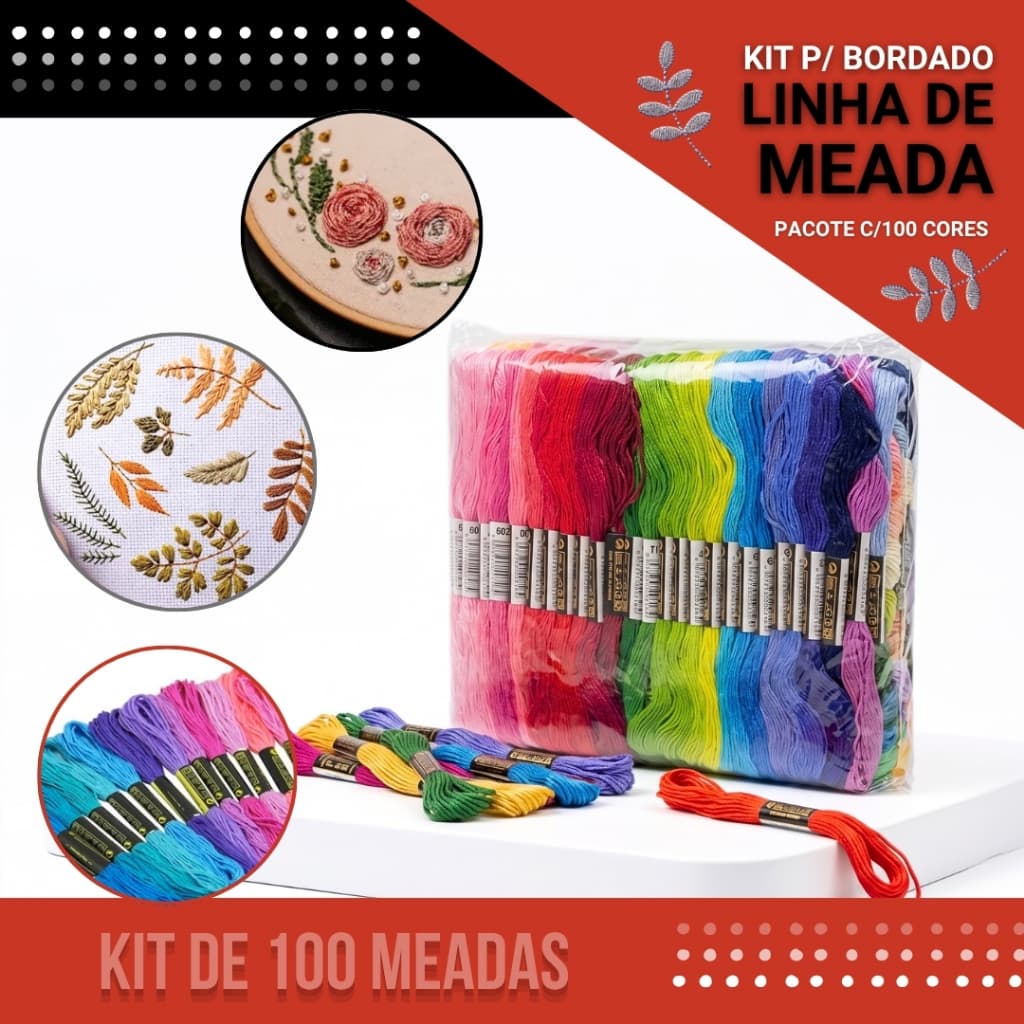 Kit 100 Meadas de Linhas de Bordado Ponto Cruz Artesanato Fio Poliéster algodão