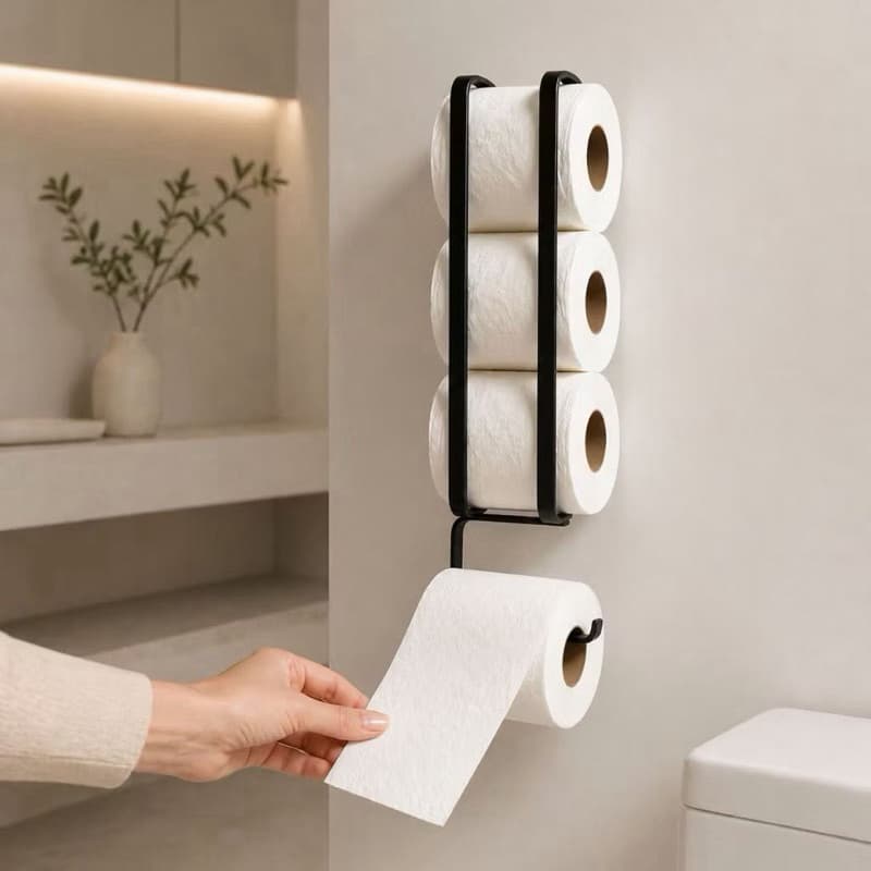 Suporte Porta Papel Higiênico Parede 4 Rolos Preto Fácil Fixação Dupla Face ou Parafusos